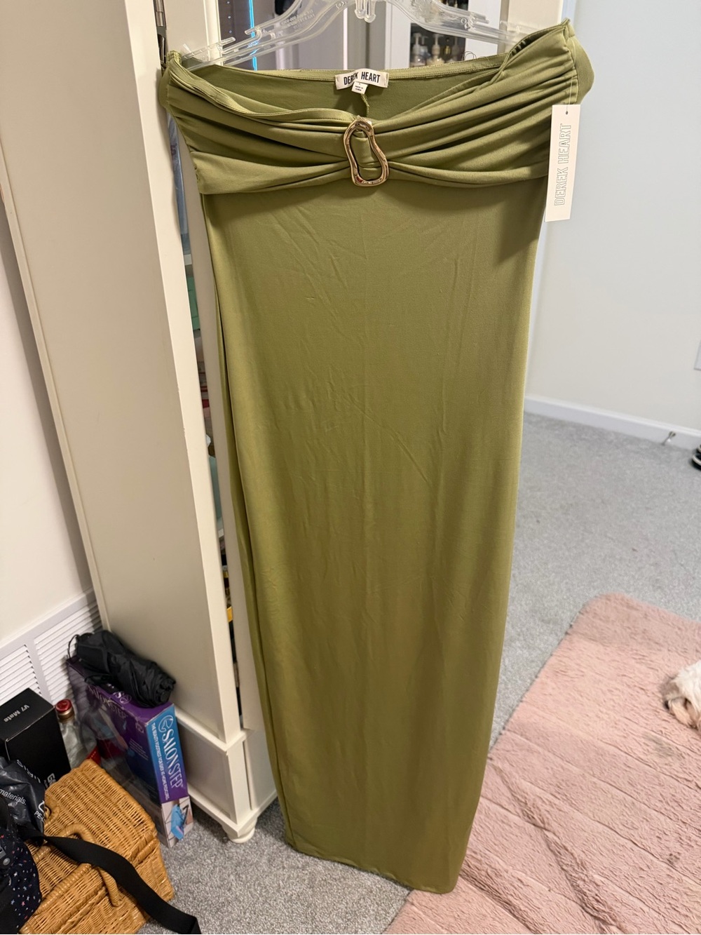 Derek Heart Olive Green Maxi Skirt with Draped Waist and Buckle